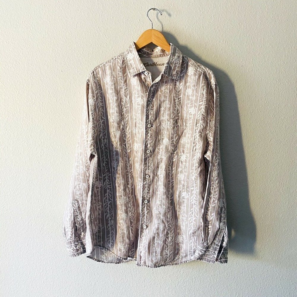 Caribbean Size L 100% Linen Men Cream Striped